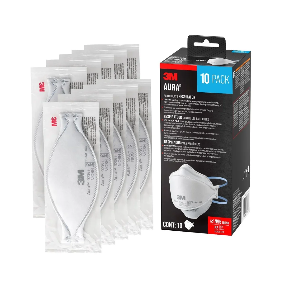3M Aura Particulate Respirator, N95, 9205PH10-DC, Folds Flat, White, 10 Masks 5301