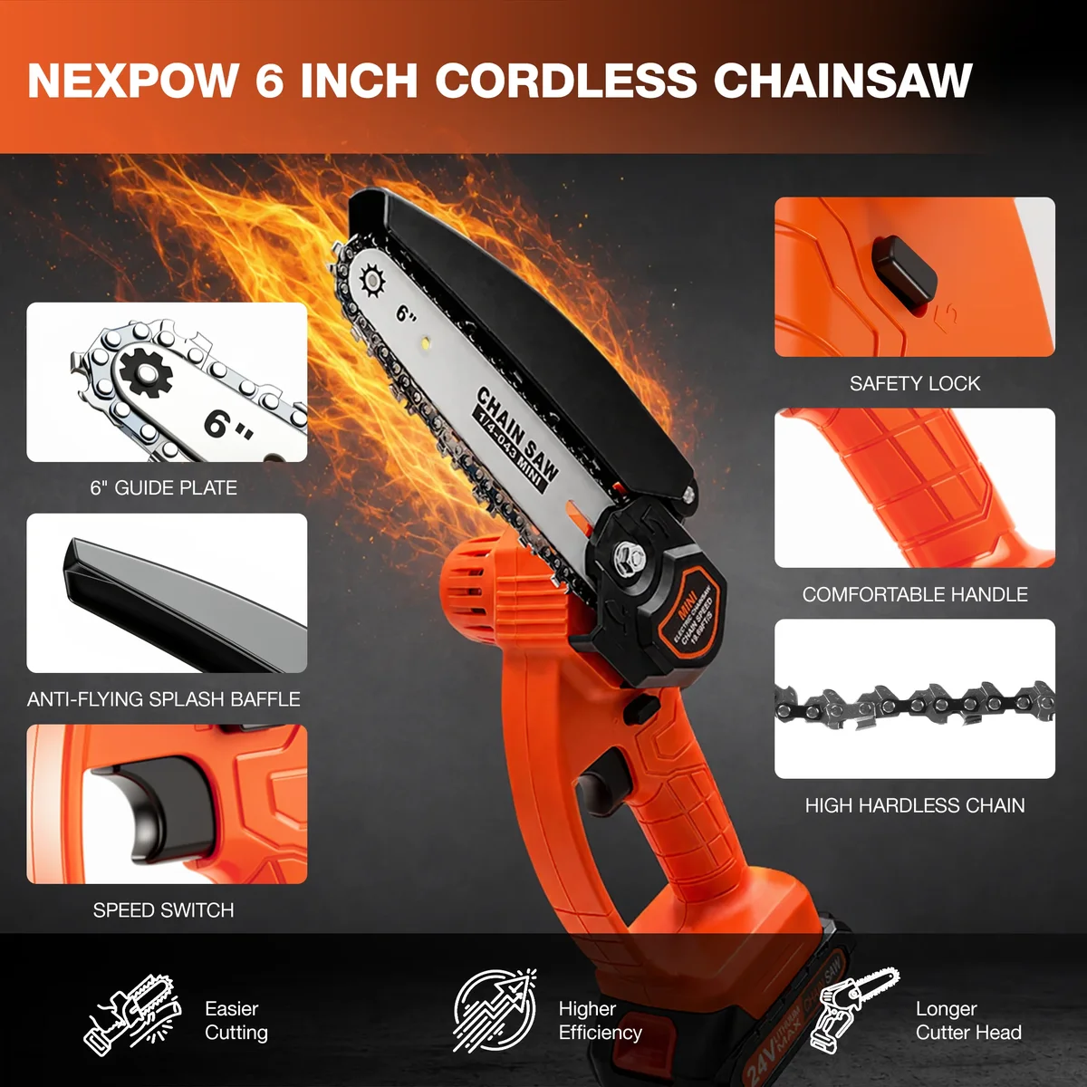 NEXPOW 6" Mini Chainsaw with 2 Batteries and 2 Chains, 24V Battery Powered Cordless Handheld Electric Chainsaw for Wood Cutting Tree Trimming, Po 5483