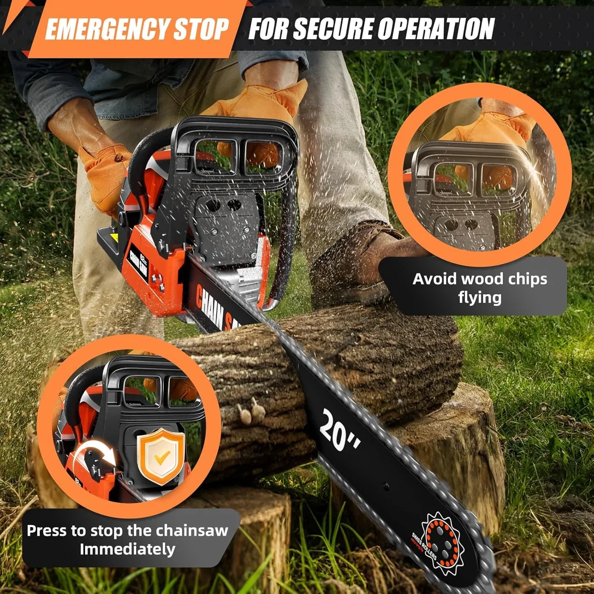 EAYSG 62cc Gas Chainsaw with 20in Bar, 3.5HP Heavy Duty Cordless Chainsaw 2 Cycle Powerful Chainsaws for Tree Felling, Limb Trimming & Firewood 8147