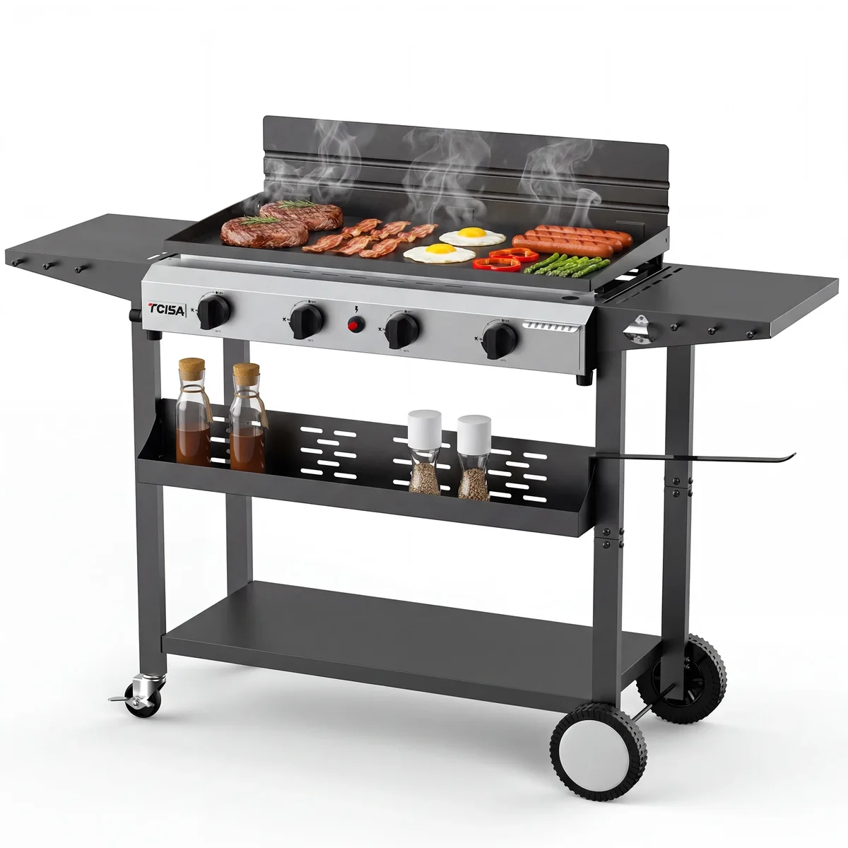 Tcisa 4 Burner Propane Gas Griddle with Standing Cart, Flat Top Grill with Hood for Camping, Tailgating, Backyard 1332