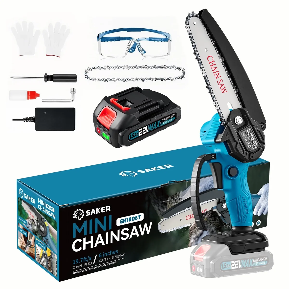 Saker Cordless Mini Chainsaw with 22V 1500mAh Battery, 6 inch Portable Handheld Electric Chainsaws with Safety Lock for Wood Cutting, Tree Trimmi 0443