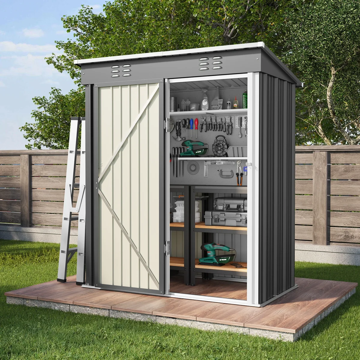 Asofer 5x3 ft Galvanized Steel Outdoor Storage Shed - Weatherproof Tool Shed with Air Vent, Dark Gray 2219