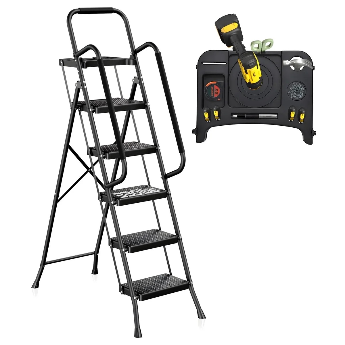 UNTIMATY 5 Step Ladder, 330lbs Portable Folding Ladders for Home with Handrails and Tool Tray, Safety Ladder, Black 2507