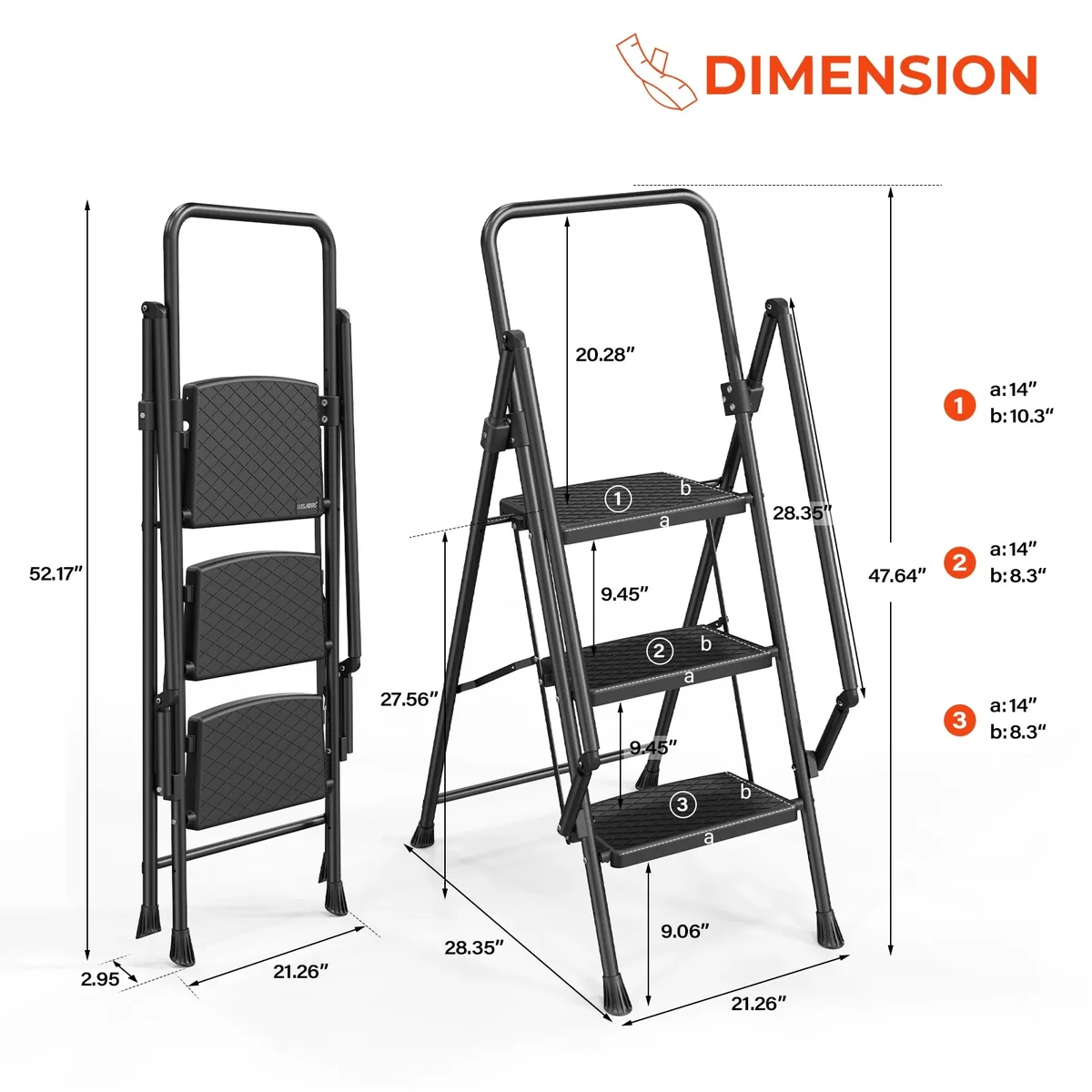 LUISLADDERS 3 Step Ladder with Handrails, Folding Step Stool with Widened Anti-Slip Pedal, 500lbs Lightweight Step Ladder 3 Step Folding, Multi-u 2736