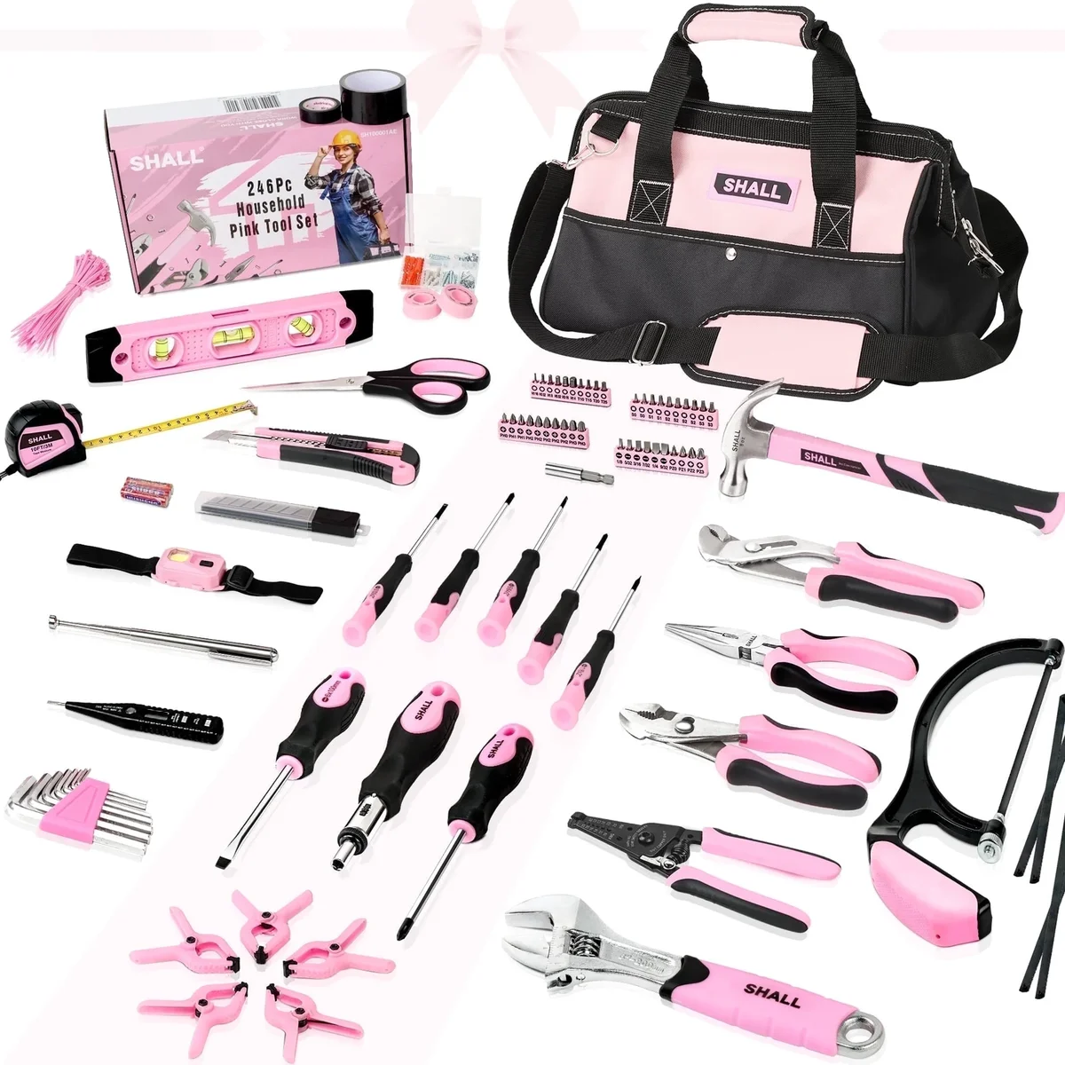 SHALL 246-Piece Pink Tool Set for Home, Pink Tool Sets for Women with Large Tool Bag Organizer 8453