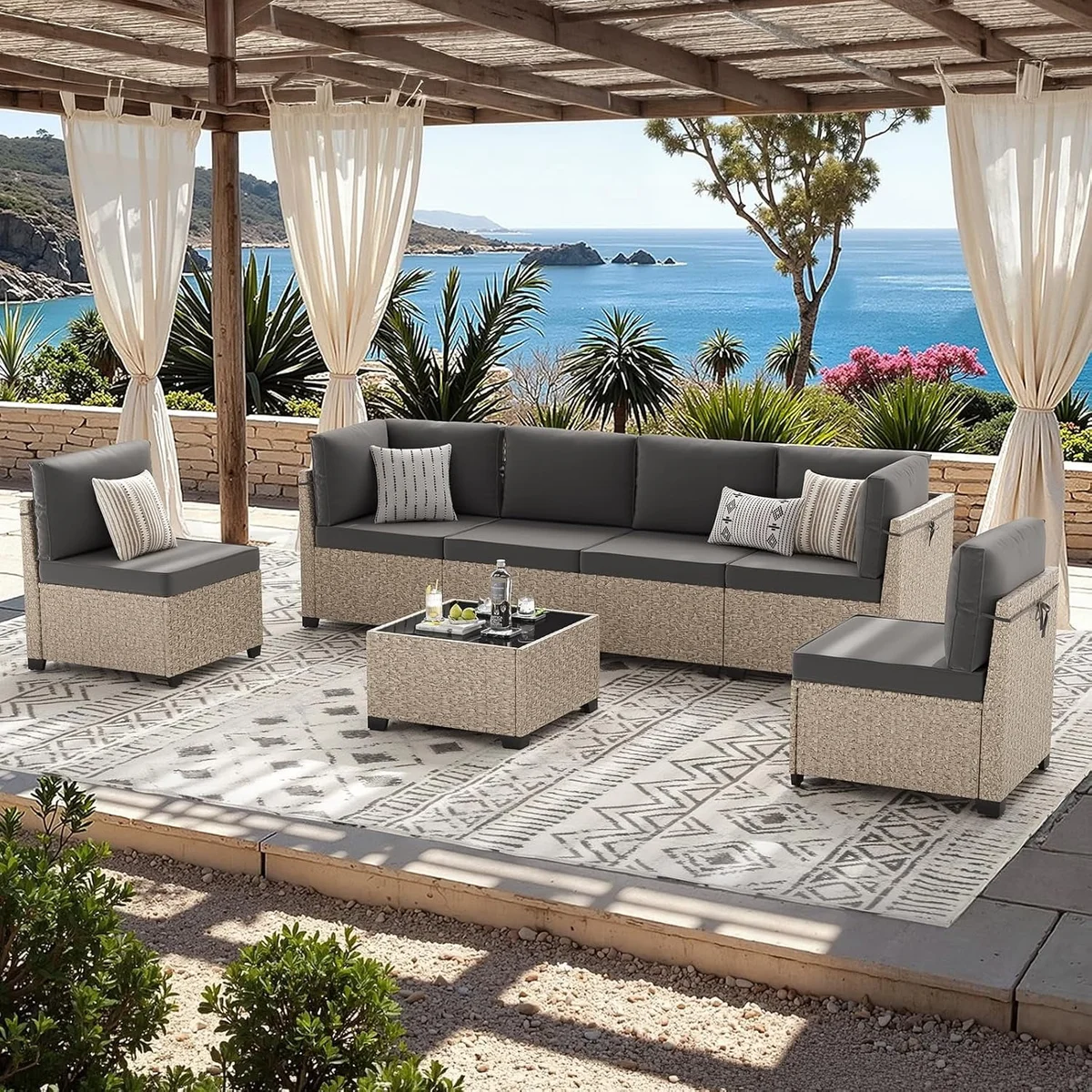 STARY 7 Pieces Rattan Outdoor Conversation Set, Patio Sectional Furniture Set with Glass Coffee Table, Grey 8666
