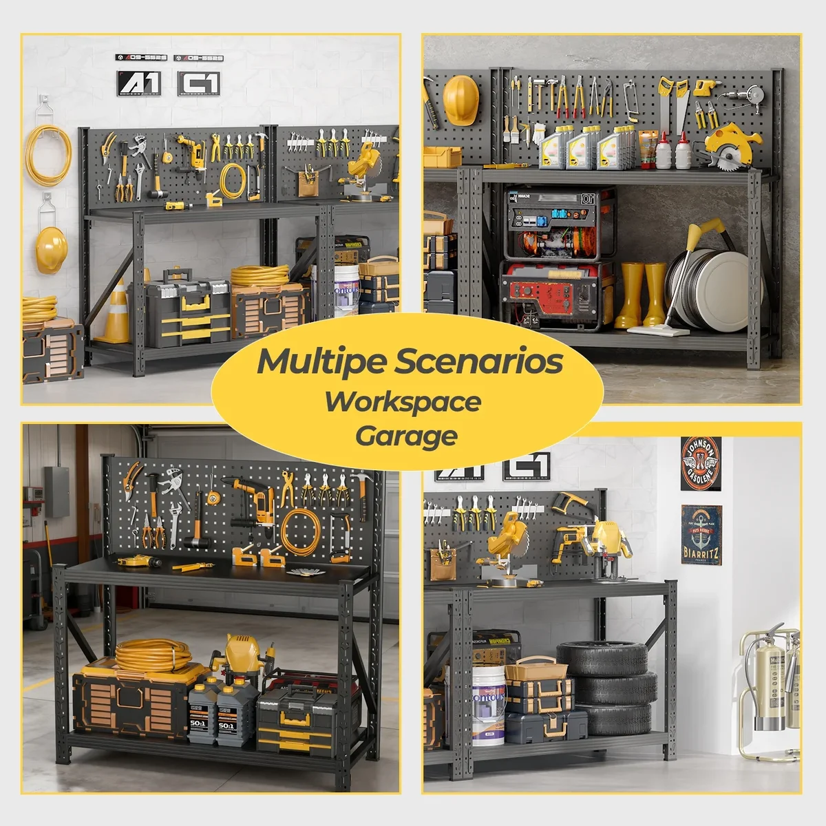 PLMFJQK Work Bench with Pegboard,Heavy Duty Workbench Adjustable Shelves,Tool Cart,Work Table for Garage Warehouse47.2 H*47.09" W*19" D 4116