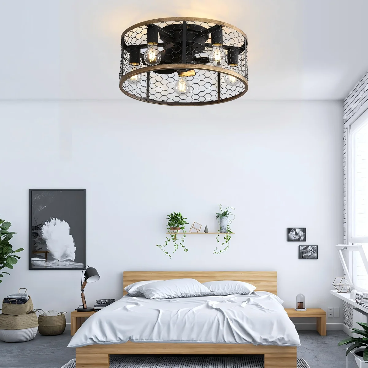 Sofucor 20" Matte Black Caged Ceiling Fan with 5-Piece Lighting Kit and Remote Control 6962