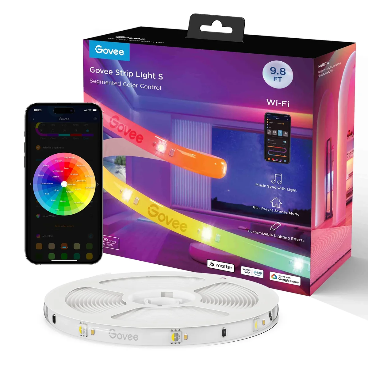 Govee RGBICW Wi-Fi LED Strip Light, 9.8ft, Smart App Control, Multicolor for Bedroom & TV Backlight 0035