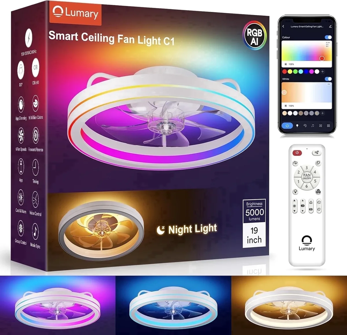 Lumary 19" Smart Low Profile Ceiling Fan with Light Remote White Flush Mount Ceiling Fan 2200K Nightlight WiFi Alexa\Google Voice Remote & App Co 3133