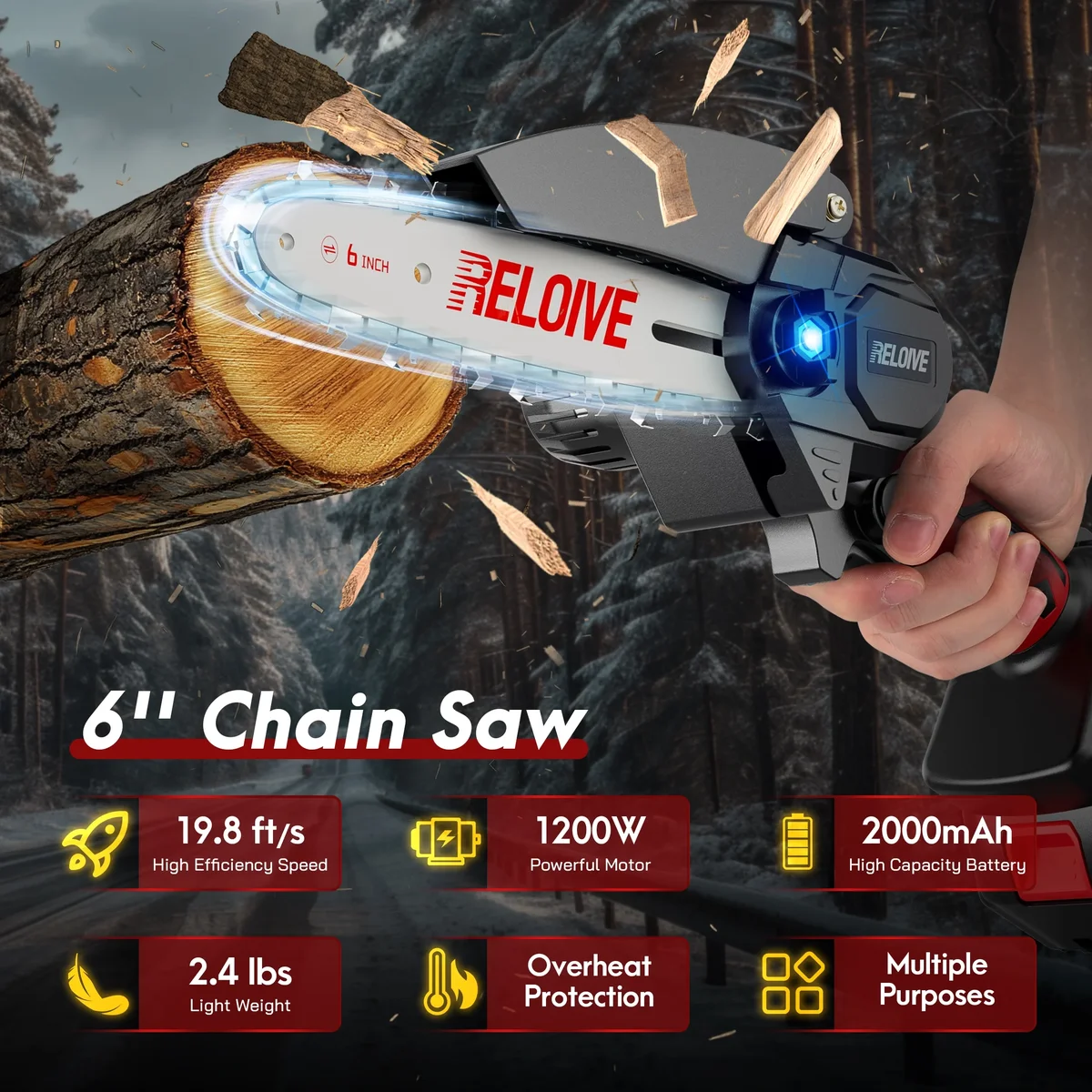 RELOIVE 6 in Mini Chainsaw with 2PCS 2.0 Ah Batteries 3 Chains,Cordless Small Handheld Chain Saw for Wood Cutting Tree Trimming 9184