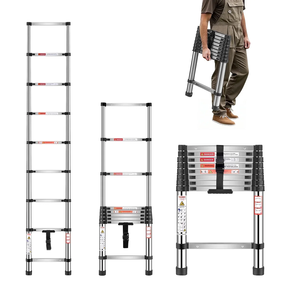 VEVOR Telescoping Ladder, 8.5ft 330LB Stainless Steel Extension Ladder with Non-Slip Feet, 9-Step Collapsible Ladder for Home/RV/Loft 4591