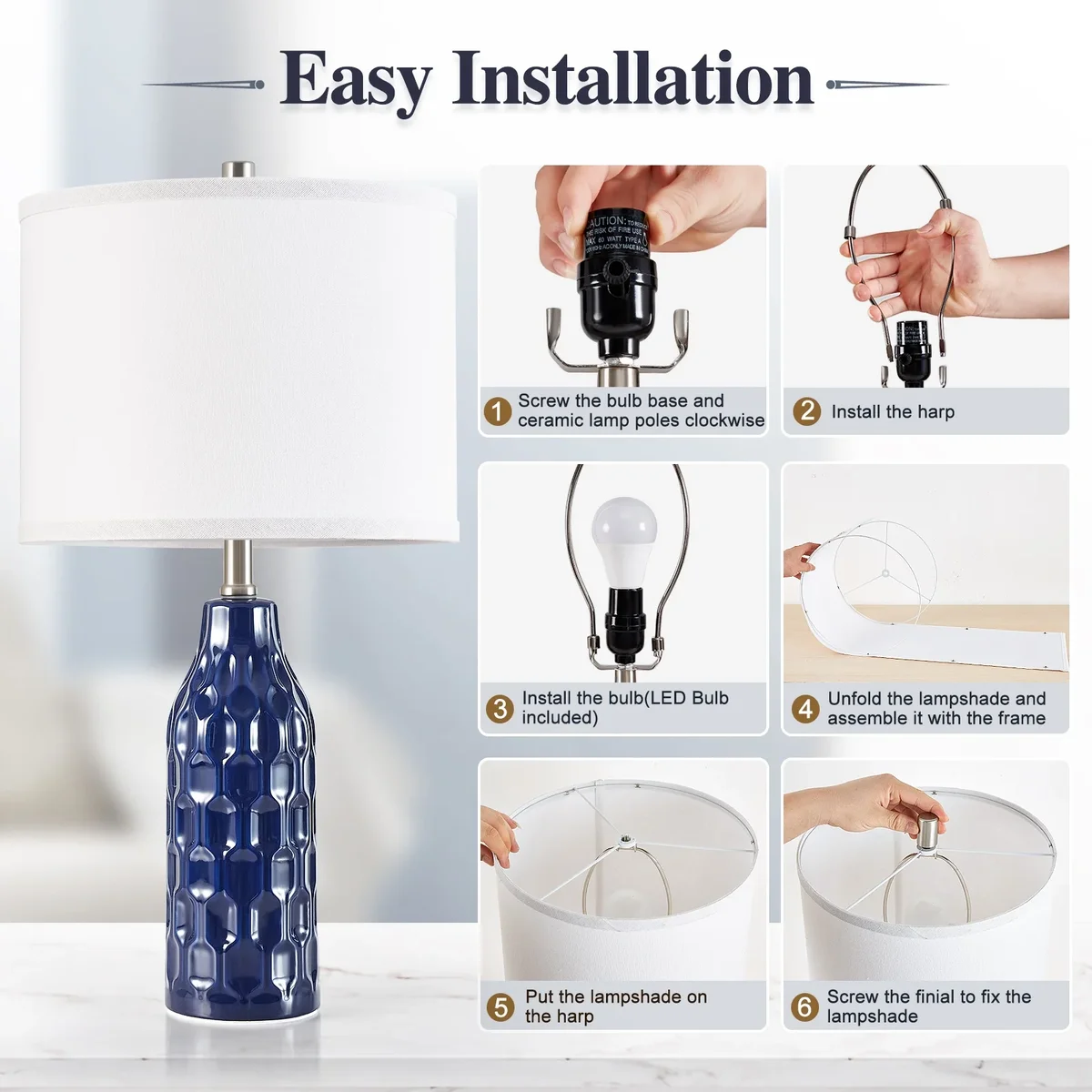 Everdaily Essentials 24.8" Ceramic Table Lamps Set of 2 for Nightstand - 3 Color Temperature&Bulbs Included, Bedside Lamps for Living Room Bedroom Home Offic 0405