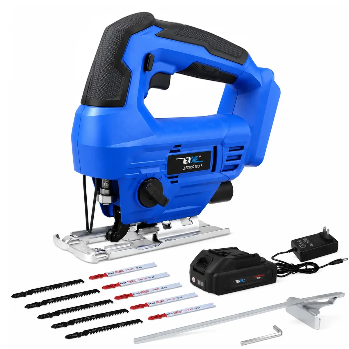 NEWONE Cordless Jig Saw 2500SPM Variable Speed with 20V 2.0Ah Battery Charger 10PCS Saw Blades Parallel Guide 0°- 45° Bevel Cuts, LED Light, 4  0066