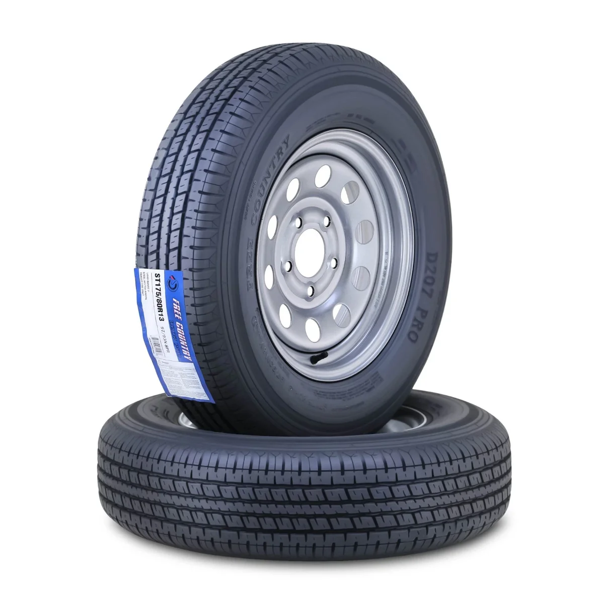 Free Country Trailer Tire Wheel Assembly ST175/80R13 8-Ply D 97M 5 Lug on 4.5" PCD Silver Mod Rim ,SET 2 6770