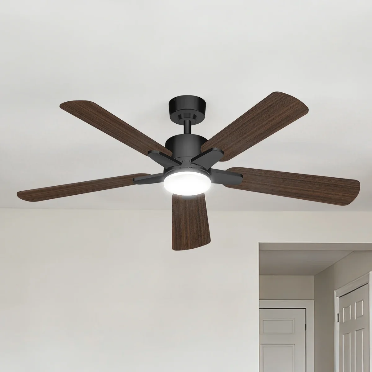 Mainstays Manistays 52 inch Downrod Ceiling Fan with LED Light, Remote Control, 6 Speeds, 5 Blades, Black 7548