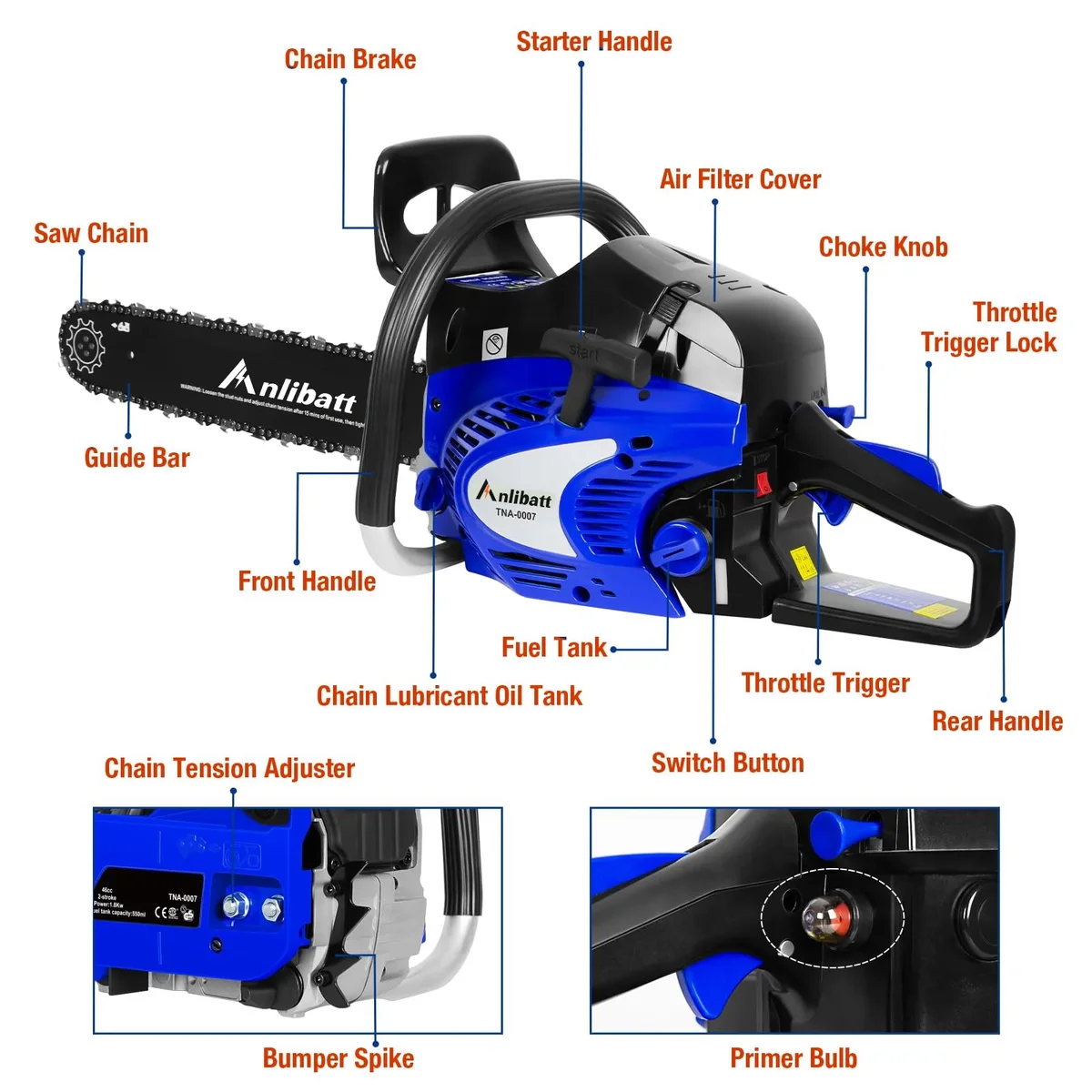 ANLIBATT Gas Chainsaw 18" 46cc 2.4HP 2-Cycle Gasonline Powered Handheld Cordless Chain Saw Petrol Automatic Oiler for Farm Garden Trees Wood Cutt 0938