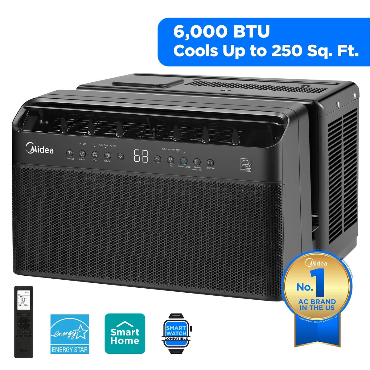 Everdaily Essentials 6,000 BTU Smart Window Air Conditioner, U-Shaped Inverter, Ultra Quiet, Wi-Fi, Remote, Easy Install, Energy Efficient, Cools 250 Sq Ft, Bla 6091