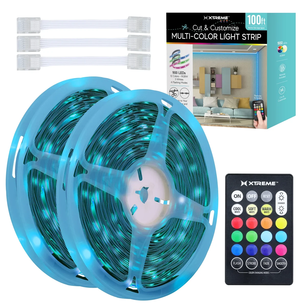 Xtreme Lit 100ft Indoor LED Strip Lights Kit, Multicolor LED Lights for Bedroom, Cuttable, Remote Control 2988