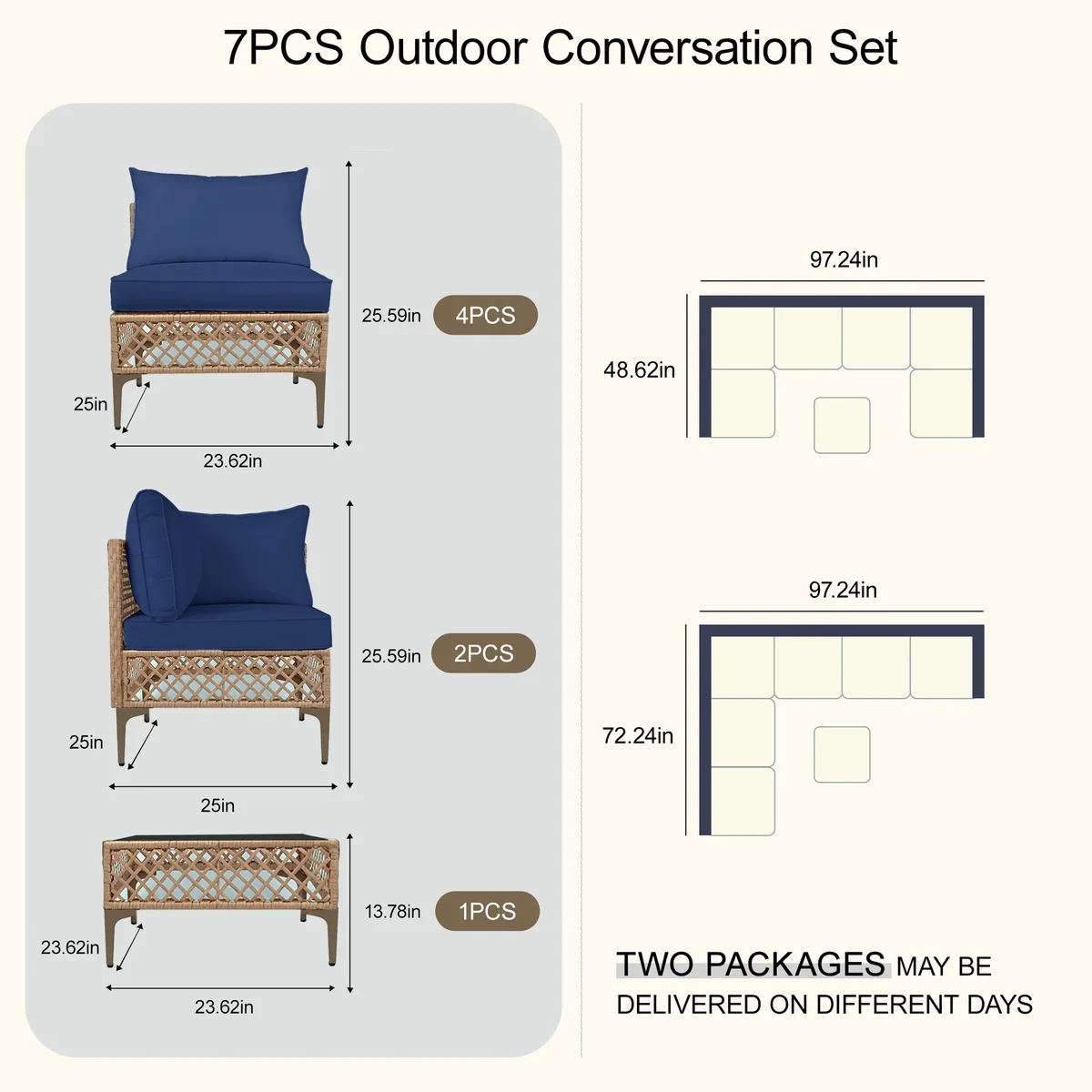 MaagorVita 7Pcs Outdoor Patio Furniture Set, Modular Outdoor Sectional, Modern Rattan Wicker Sofa Set with Coffee Table and Washable Thick Cushio 9778