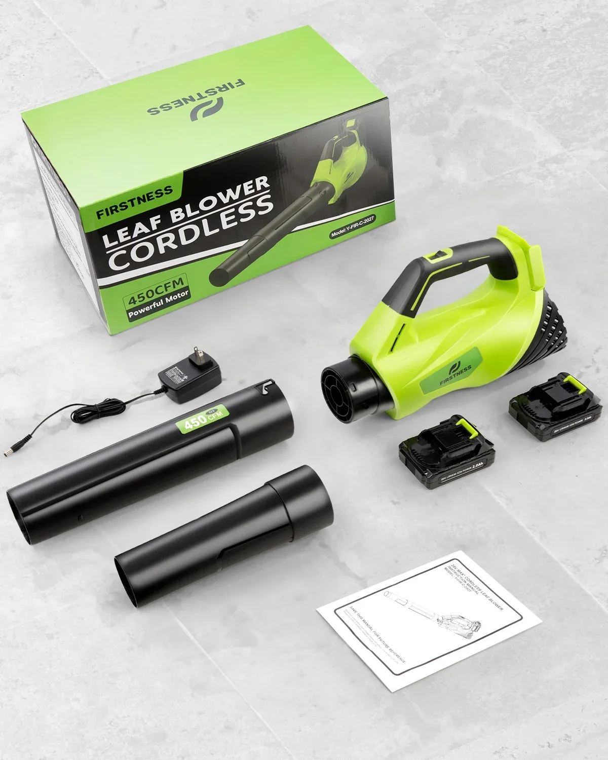 Firstness Cordless Leaf Blower, 20V Leaf Blower with 2 Batteries & Charger, Up to 450CFM/145MPH, 2 Variable Speed, Lightweight for Blowing Leaves 1984