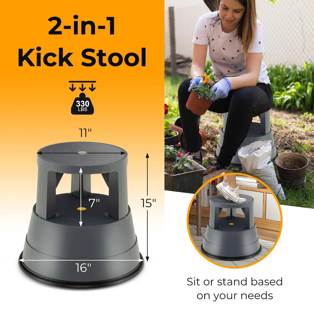 Costway Kick Stool Rolling Step Stool W/ Non-Slip Rubber Platform 330LBS Capacity Gray Backless 8396