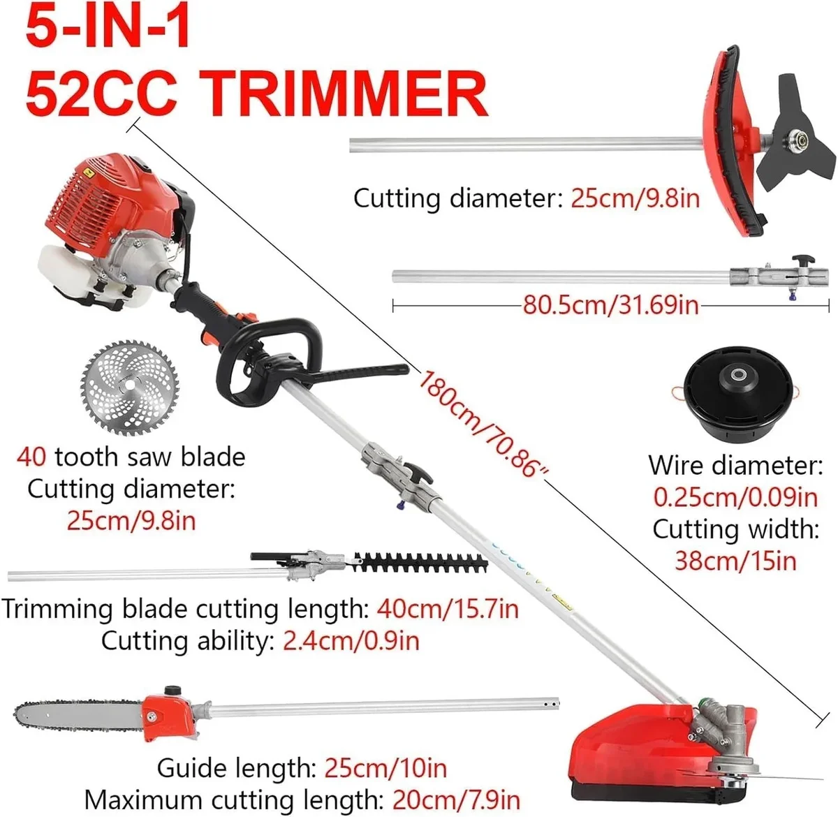WETS 5 in 1 Multifunctional Weed Eater, 52CC 2-Cycle Gas Cordless Hedge Trimmer, 2025 Upgraded Weed Eater Gas Powered, String Trimmer, Handheld Chains 8343