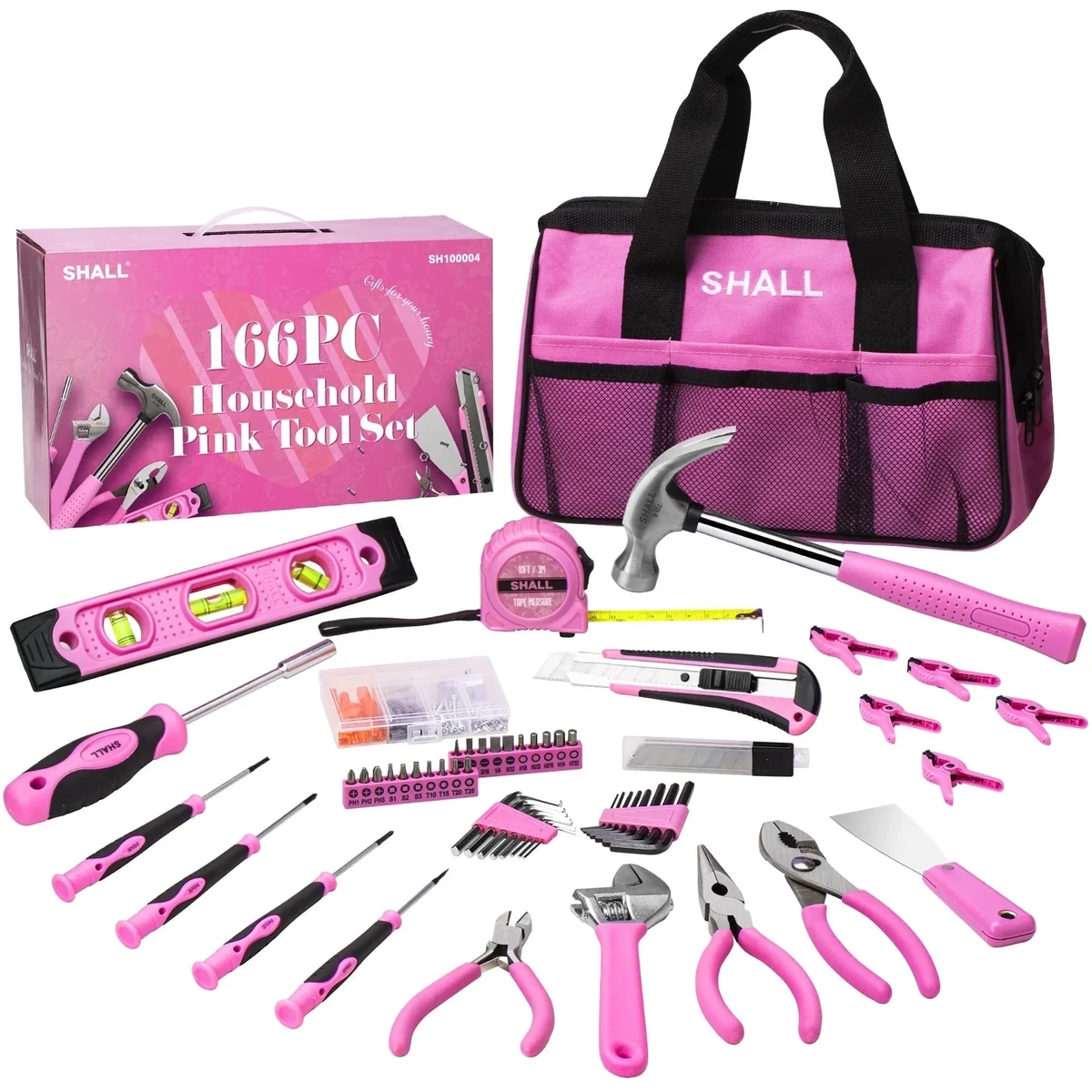 SHALL Pink Tool Set for Women, 166pcs Home Tool Kit with 12" Large Tool Bag Organizer 8803