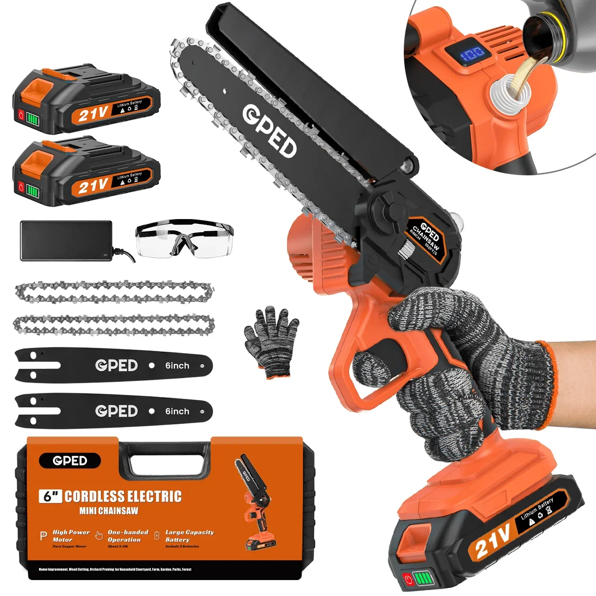GPED Mini Chainsaw Cordless 6 inch with 2 Battery, Mini Power Chain Saw with Security Lock, Electric Chainsaw, Handheld Small Chainsaw for Tree T 8962