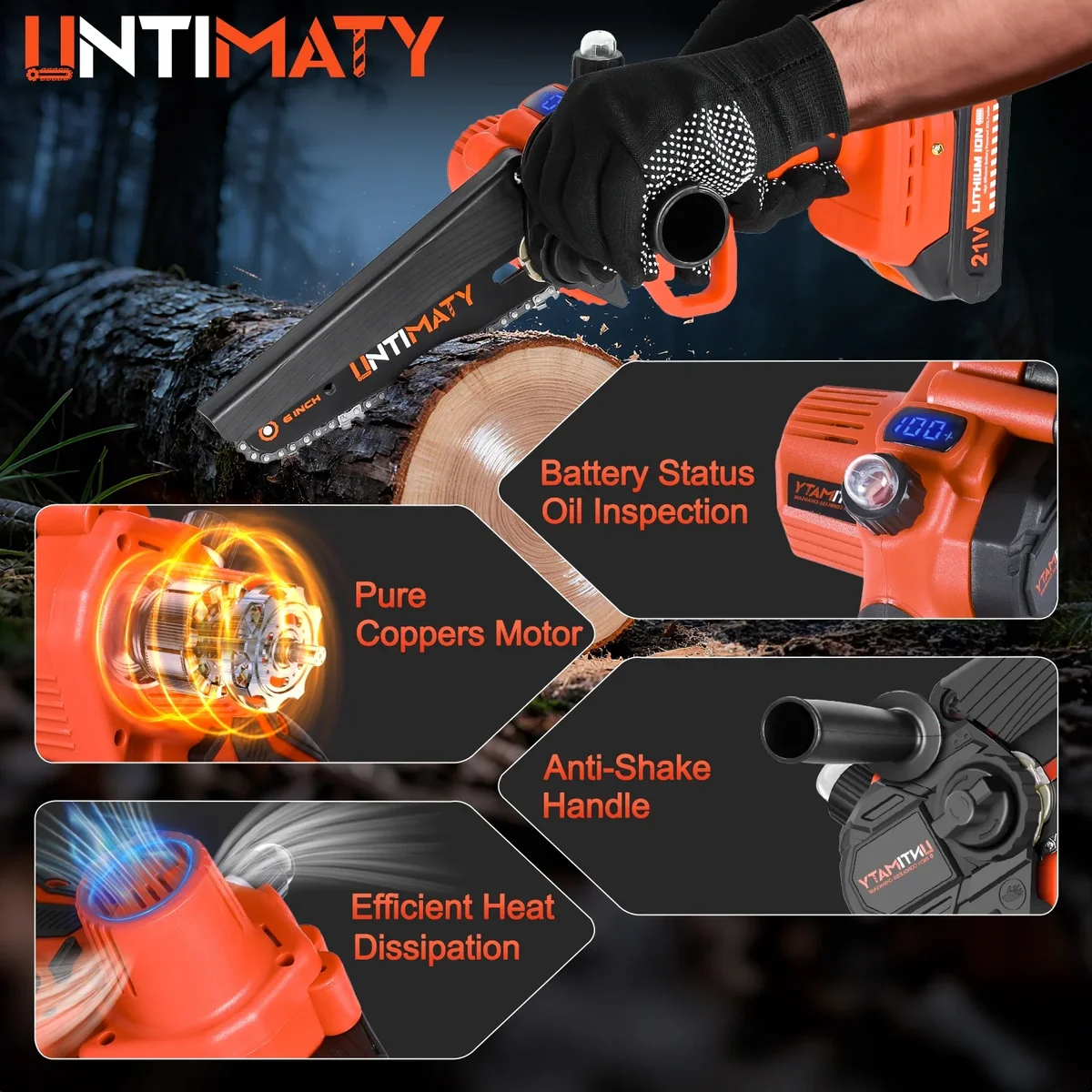 UNTIMATY Mini Chainsaw 6 Inch, 21V Cordless Electric Chainsaw with 2 Batteries & 2 Chains, Safety Lock, Handheld Chain Saw for Tree Trimming Wood 3542