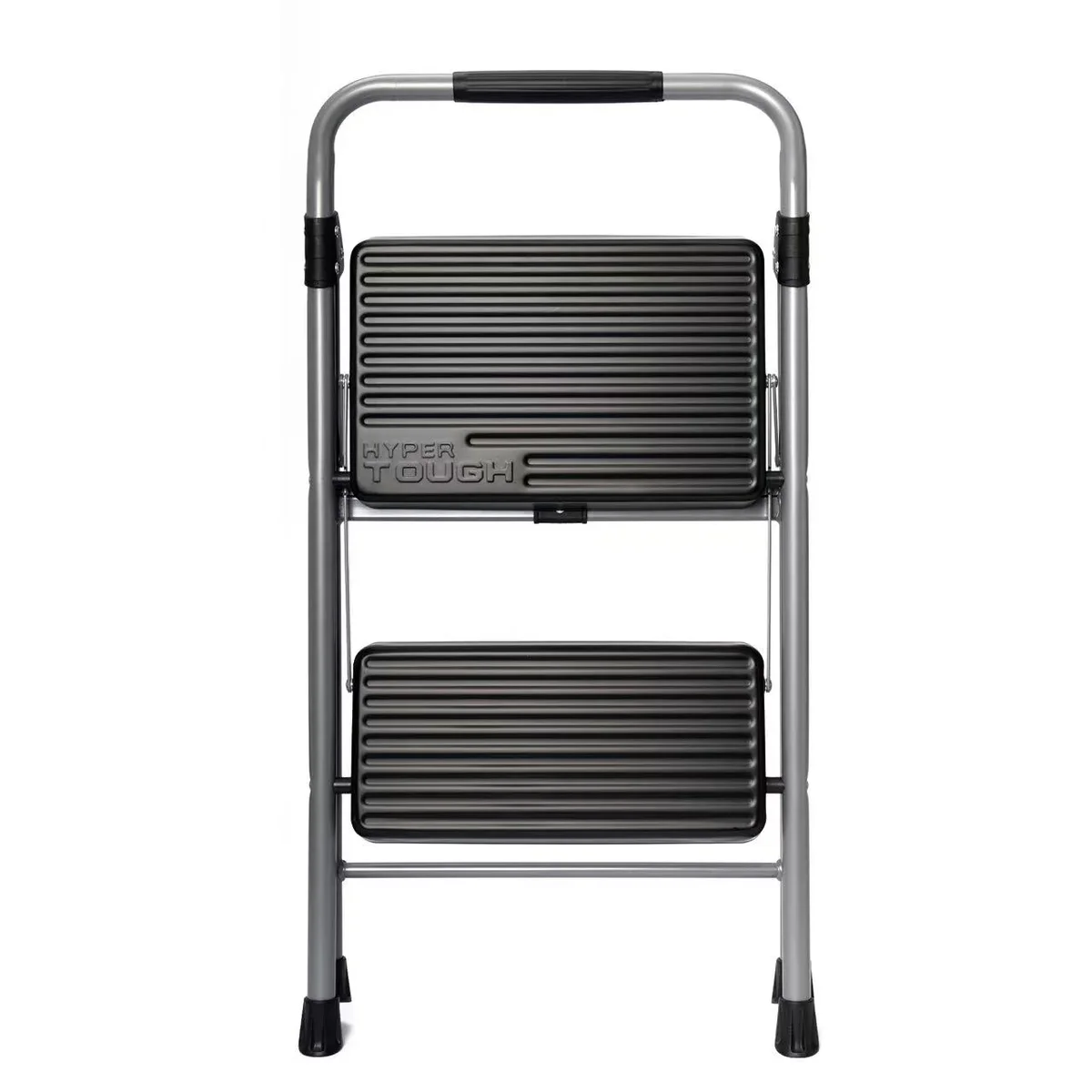 Hyper Tough Gray & Black 2-Step Steel Large Platform & Foldable Step Stool – Holds up to 225 Pounds 6305