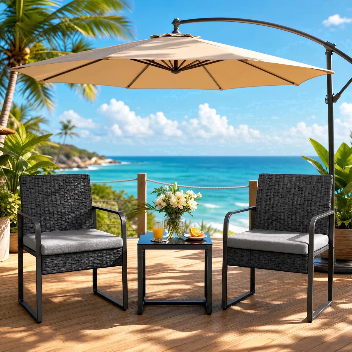 Asofer Patio Furniture Set on Sale, All-Weather Outdoor Rattan Bistro Wicker Chairs with Glass Table for Lawn, Poolside, Porch, Gray 5017
