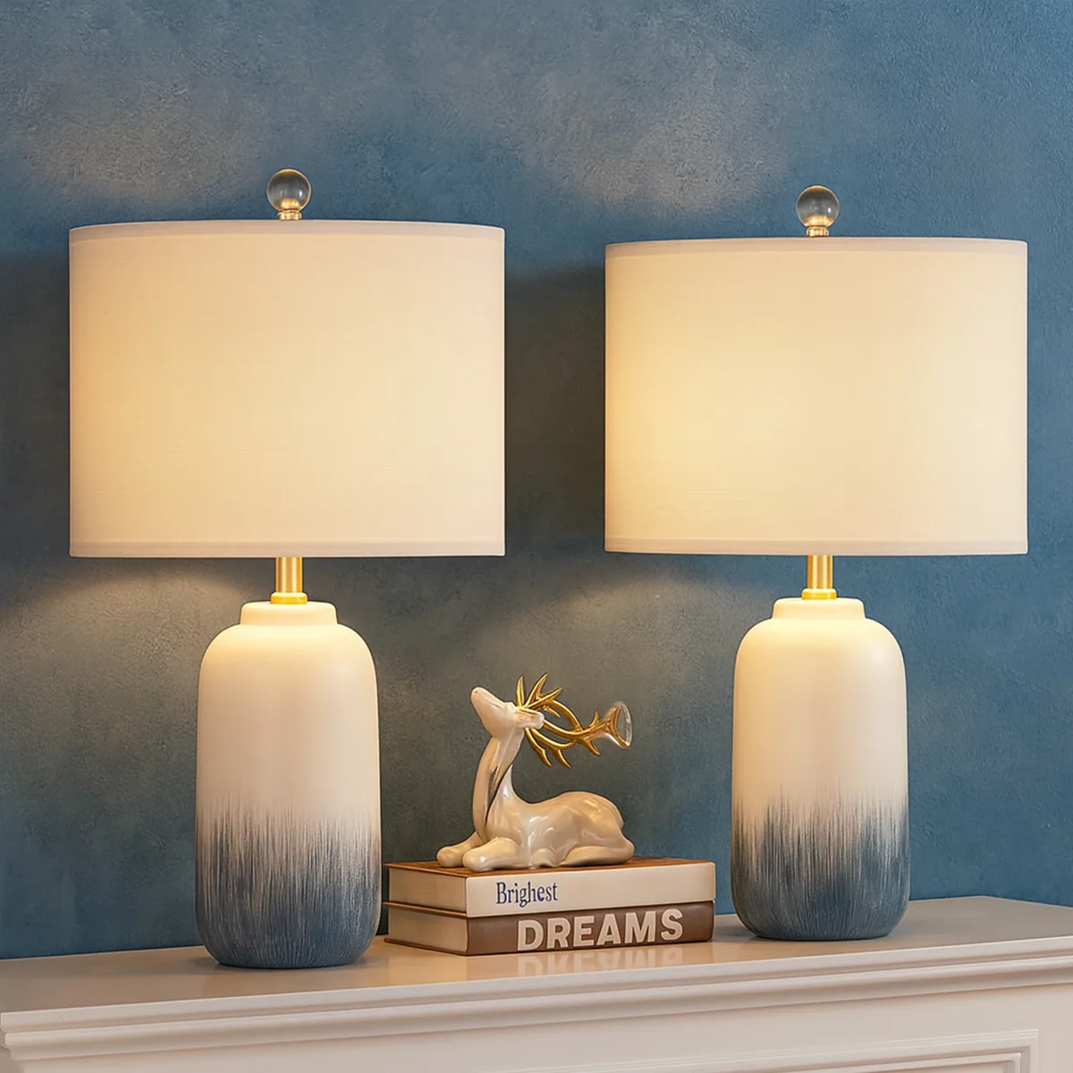 Maxax Blue Ceramic Table Lamps Set of 2, 24" 3-Way Dimmable Bedside Lamps for Bedroom & Living Room 7594