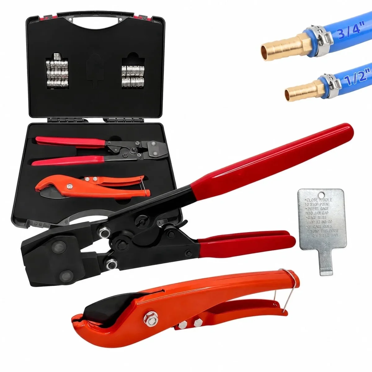 FEHNAG  33-Piece PEX Crimping Tool Kit with PEX Crimping Clamp, Ratchet Jaw Crimper, Pipe Hose Cutter, 1/2 in and 3/4 in Stainless Steel Clamps 0853