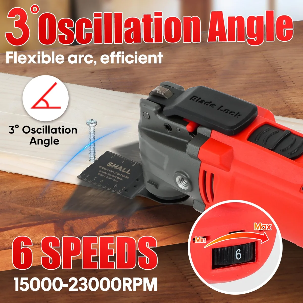 SHALL Oscillating Tool, Oscillating Multitool Kit, 3° Oscillation Angle, Easy Change & Kickback Protection, 6 Variable Speeds, Auxiliary Handle, 2537