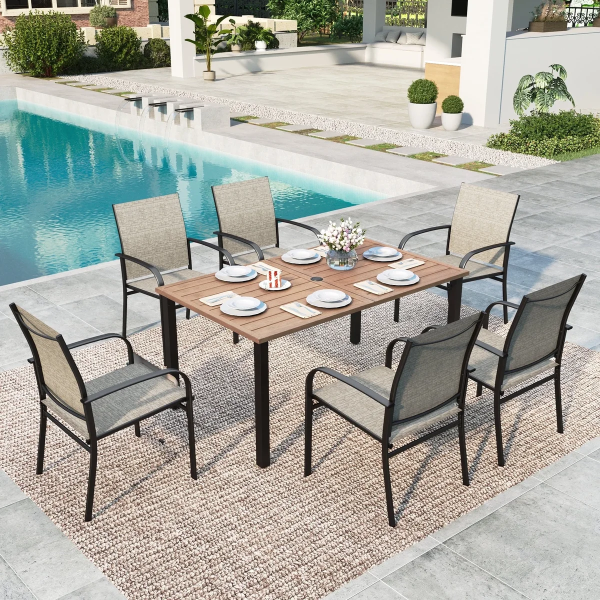 SUMMIT LIVING 7-Piece Outdoor Patio Dining Set with 6 Textilene Chairs & Rectangular Metal Steel Dining Table with Umbrella Hole, Black & Brown 6473