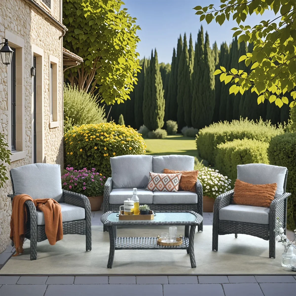 Vcatnet Patio Furniture Sets with Coffee Table 4 Pieces Sectional Sofa Rattan Wicker Outdoor Conversation Set with Loveseat Chair for Porch, Deck 3882