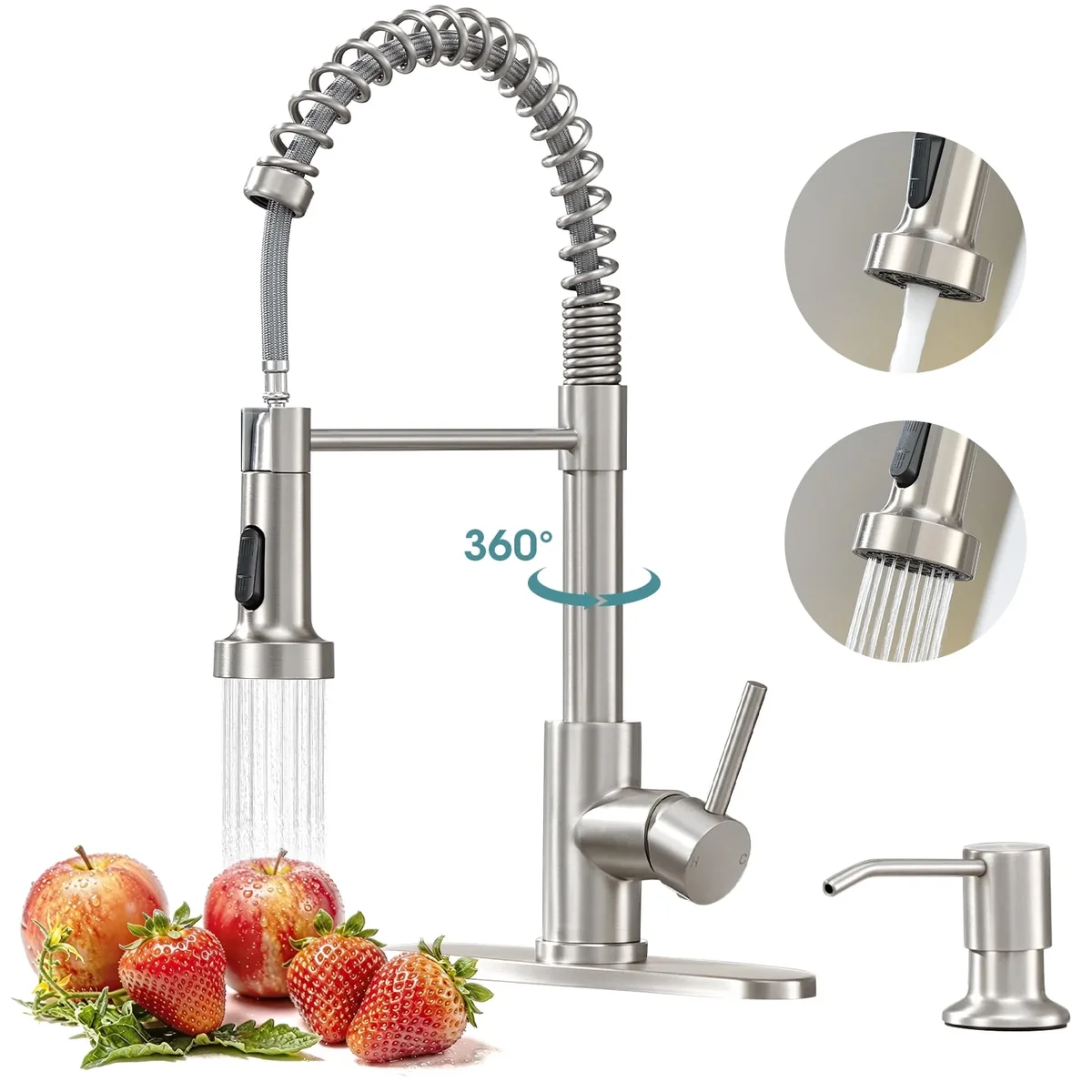 wowkk sanitary ware Wowkk Kitchen Sink Faucets with Pull Down Sprayer and Soap Dispenser, 304 Stainless Steel Single Handle Kitchen Faucet, 2 Water Modes with Deck P 2671