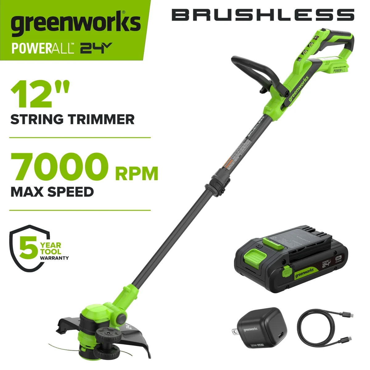 Greenworks PowerAll 24V Brushless 12" String Trimmer, with 3.0 Ah USB-C Battery, 30W USB-C Charger and Cable, ST1222A1 1796