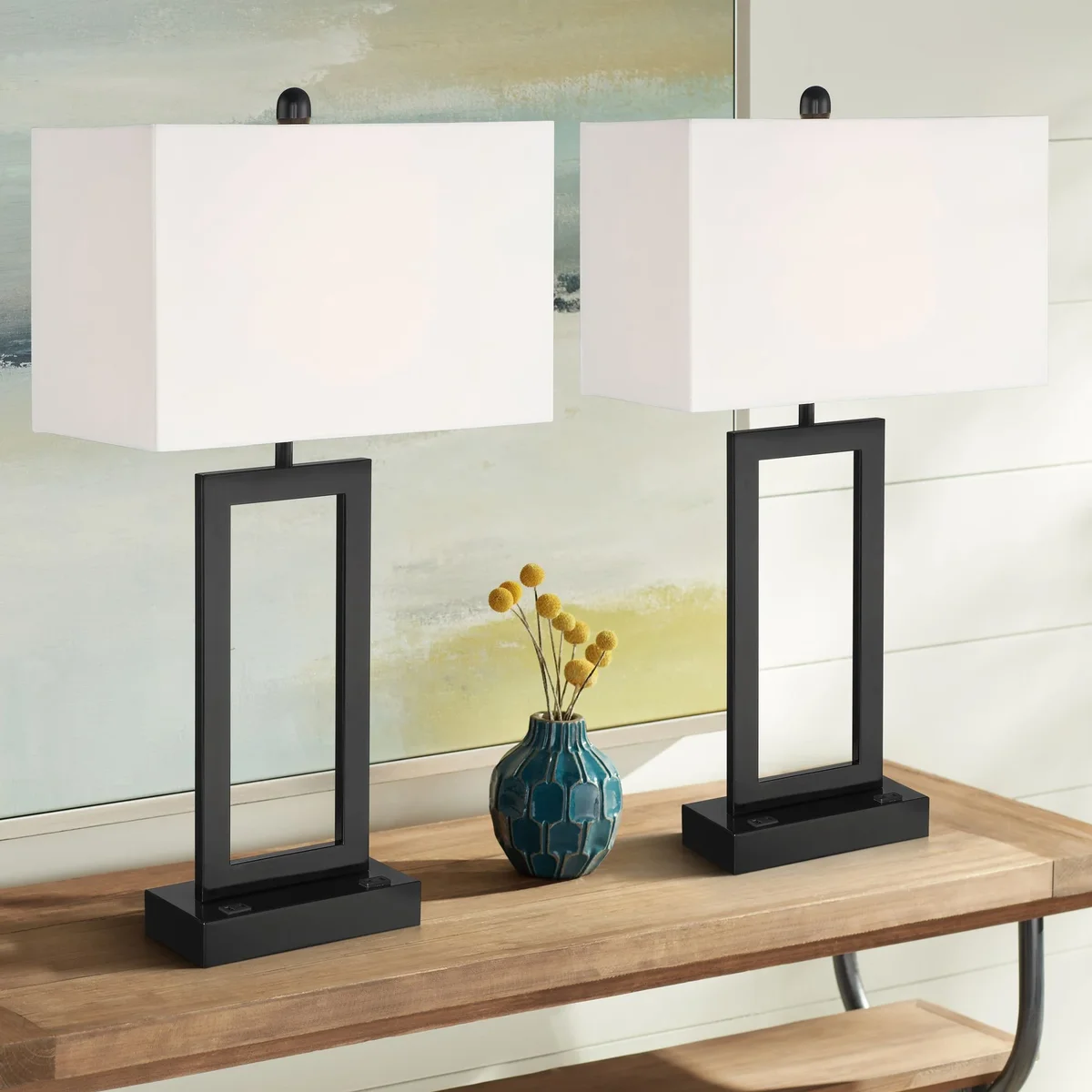 Everdaily Essentials Todd 30" Tall Large Modern End Table Lamps Set of 2 USB Port AC Power Outlet Black Metal Living Room Charging 8764