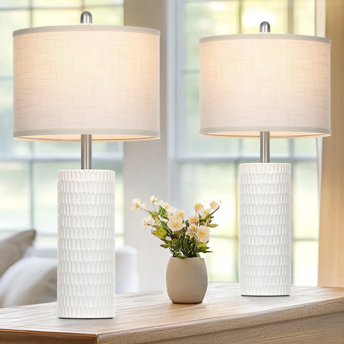 Cinkeda 27" Tall Ceramic Table Lamp Set of 2, White Cylinder Body with Carved Slot Pattern, Off-White Linen Shade, Rotary Switch, E26 LED Bulb In 0968