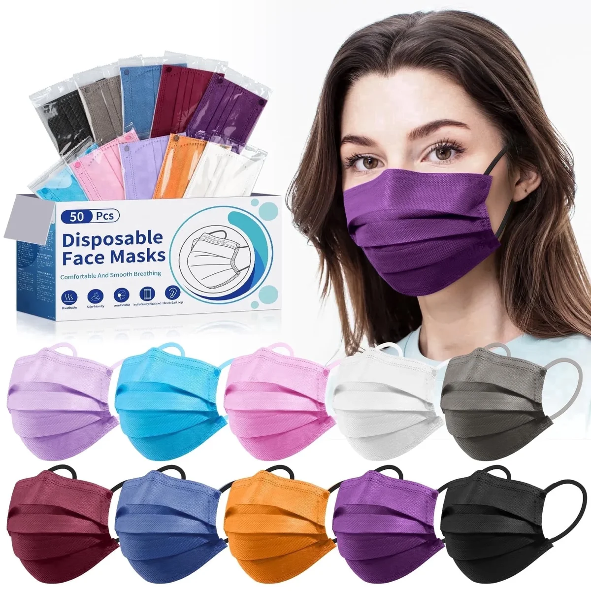 FACEMOON Disposable Face Mask for Adults - 4 Ply Protection, Individually Wrapped 50 Pack, 10 Colors, Breathable Comfortable & Safe 5700