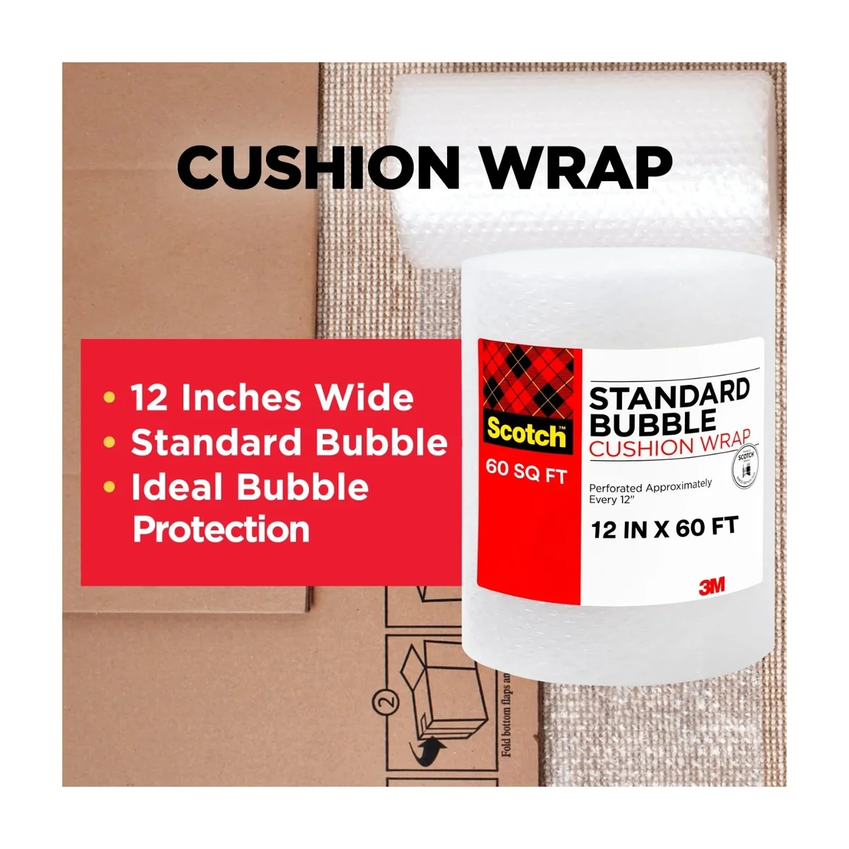Scotch Bubble Cushion Wrap, 60ft. x 12in., Standard Bubble, 1 Roll 9341