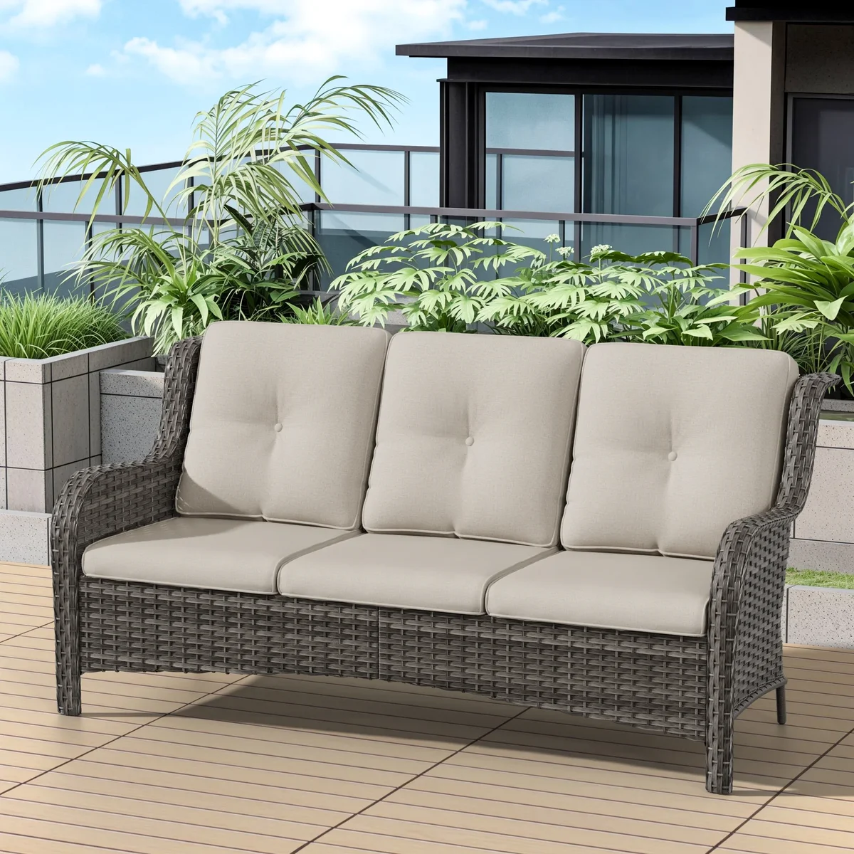 Meetleisure 1 piece 72.83'' Wide 3-Seat Outdoor Wicker Patio Sofa with Cushions,Beige 0727