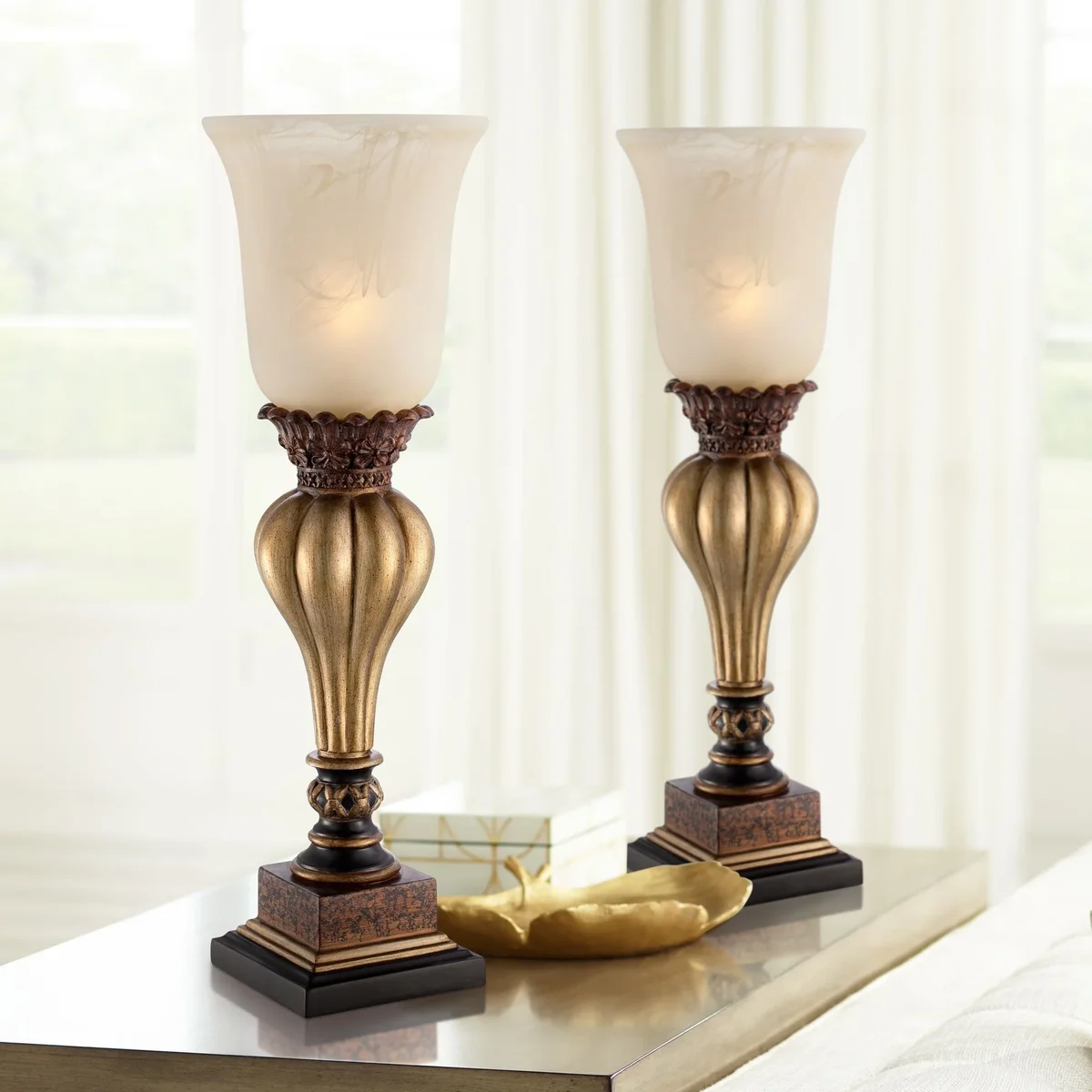 Regency Hill Traditional Uplight Accent Table Lamps 23 1/4" High Set of 2 Light Gold Alabaster Glass Shade for Living Room Bedroom 1752