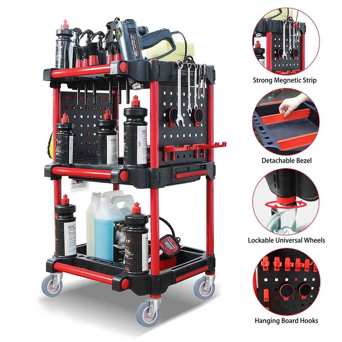 AOMOTA Car Detailing Cart with Wheels – DIY 3-Tier Heavy-Duty Mobile Utility Organizer for Car Wash & Auto Repairs – Adjustable Side Trays, Tool Hoo 0374