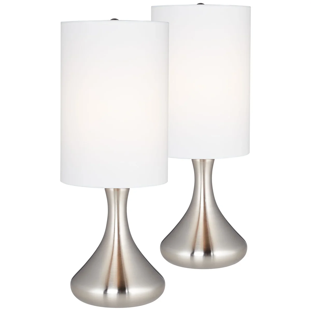 360 Lighting Melmore Modern Mid Century Accent Table Lamps 17" High Set of 2 Brushed Nickel Metal Droplet White Cylinder Shade for Bedroom House  4001