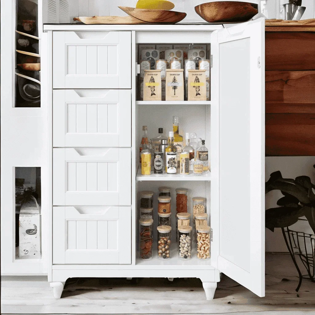 Lofka Pantry Storage Cabinet, Lofka 33" White Wood Kitchen Pantry Storage Cabinet with 4 Drawers, 1 Door and 3 Shelves for Dining Room|Bedroom 2228