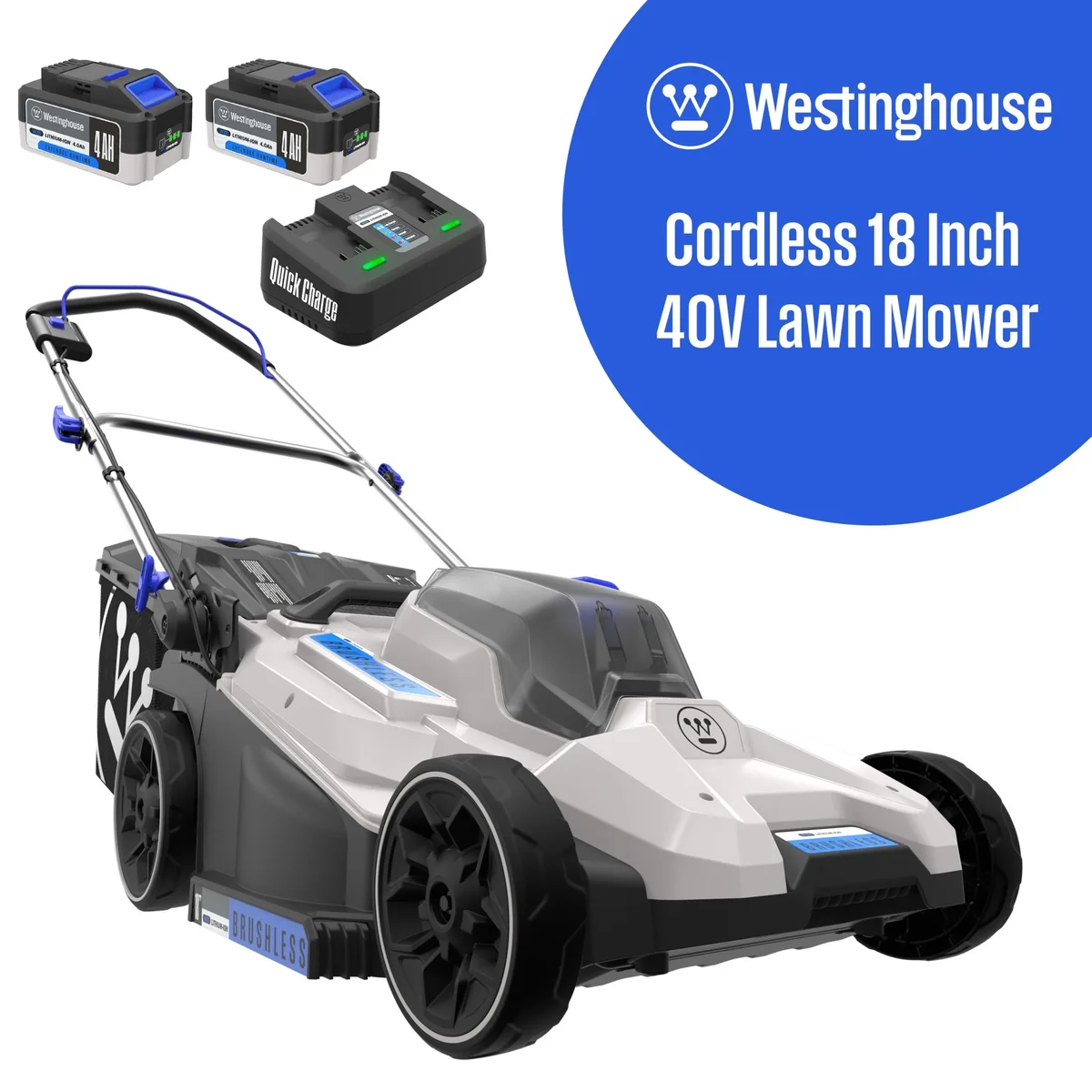 Westinghouse 40V 18 Inch Brushless Cordless (Push) Lawn Mower, 6 Height Positions, 2 4.0Ah Batteries and Charger Included 3080