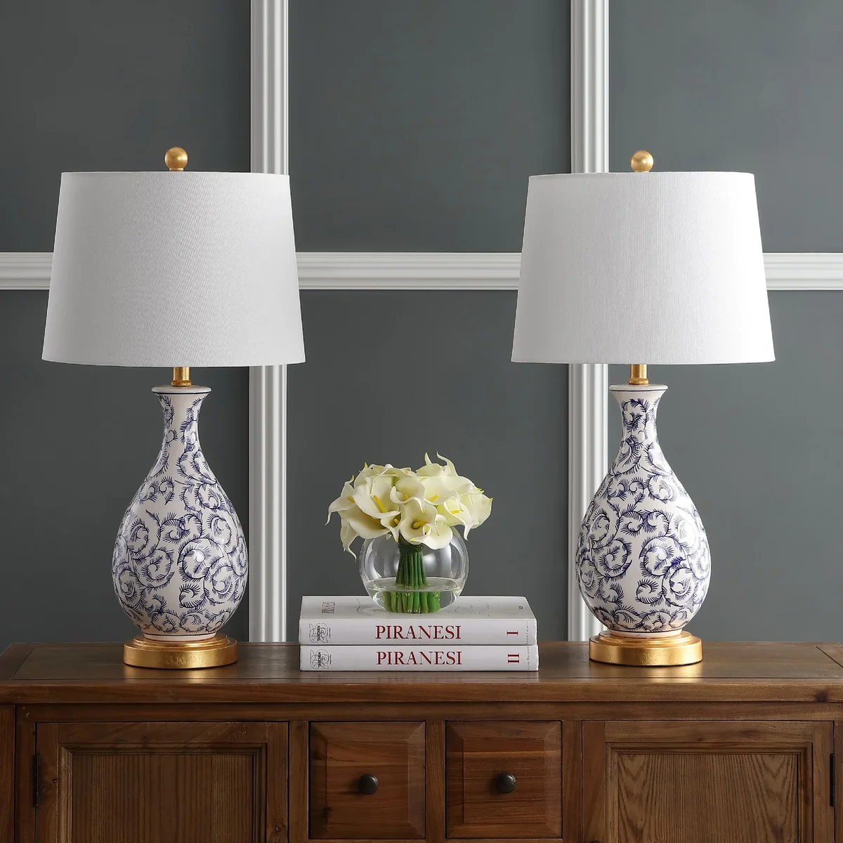SAFAVIEH Avi Floral Vines 27.5 in. H Table Lamp, Blue/White, Set of 2 4755